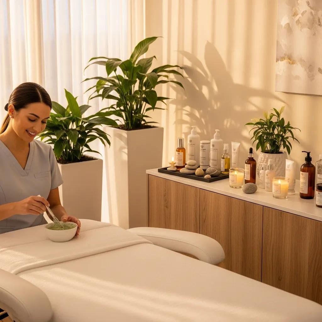 Clean beauty MedSpa treatment room with natural elements and aesthetic products