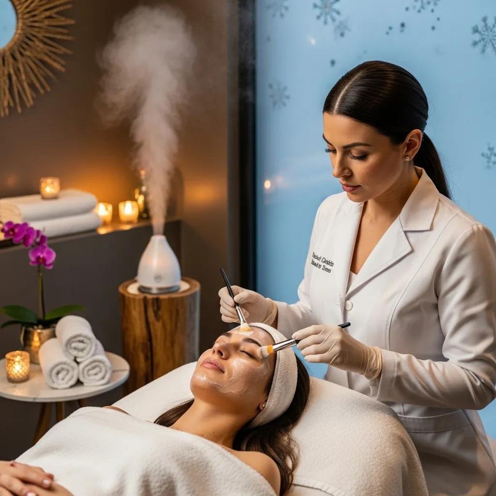 Client receiving a chemical peel treatment in a calming medspa environment