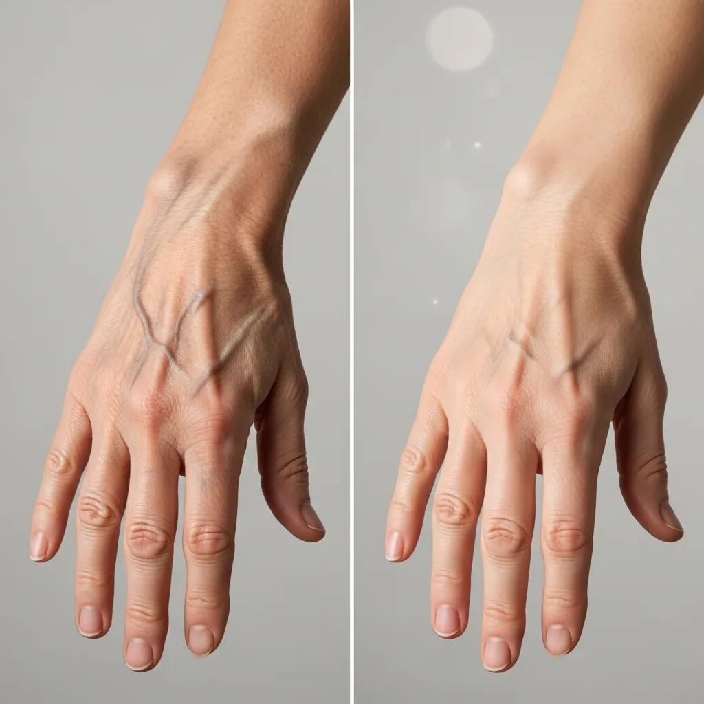 Comparison of aging hands with collagen loss and rejuvenated hands after treatment