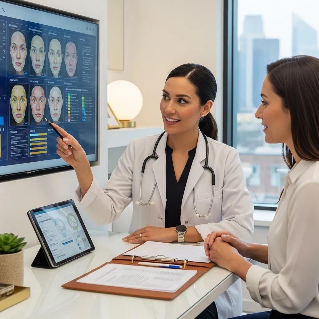 Dermatologist explaining a personalized treatment plan to a patient in a modern clinic