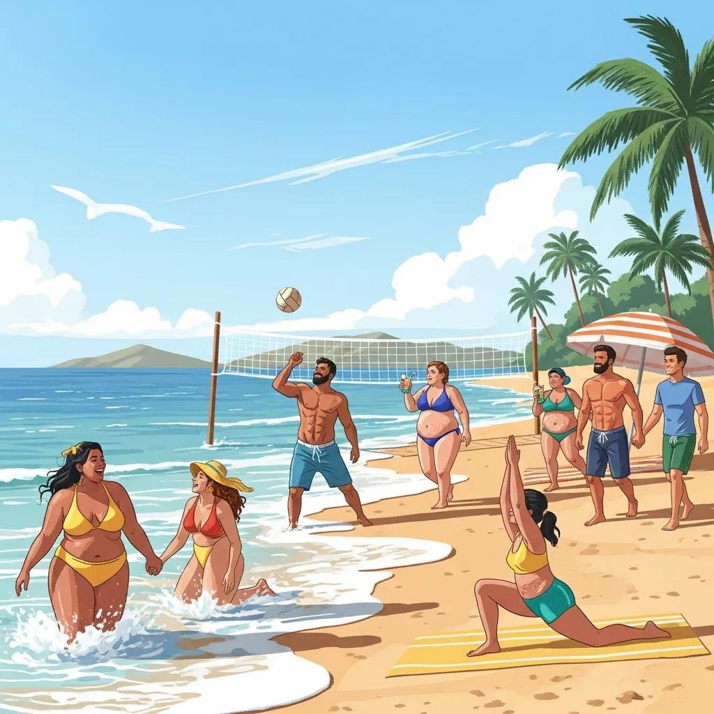 Diverse group enjoying summer activities, embodying confidence and body positivity for summer prep