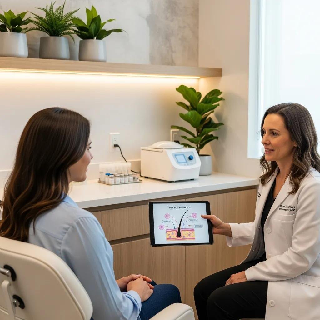 Hair restoration consultation in a modern clinic setting, highlighting PRP therapy