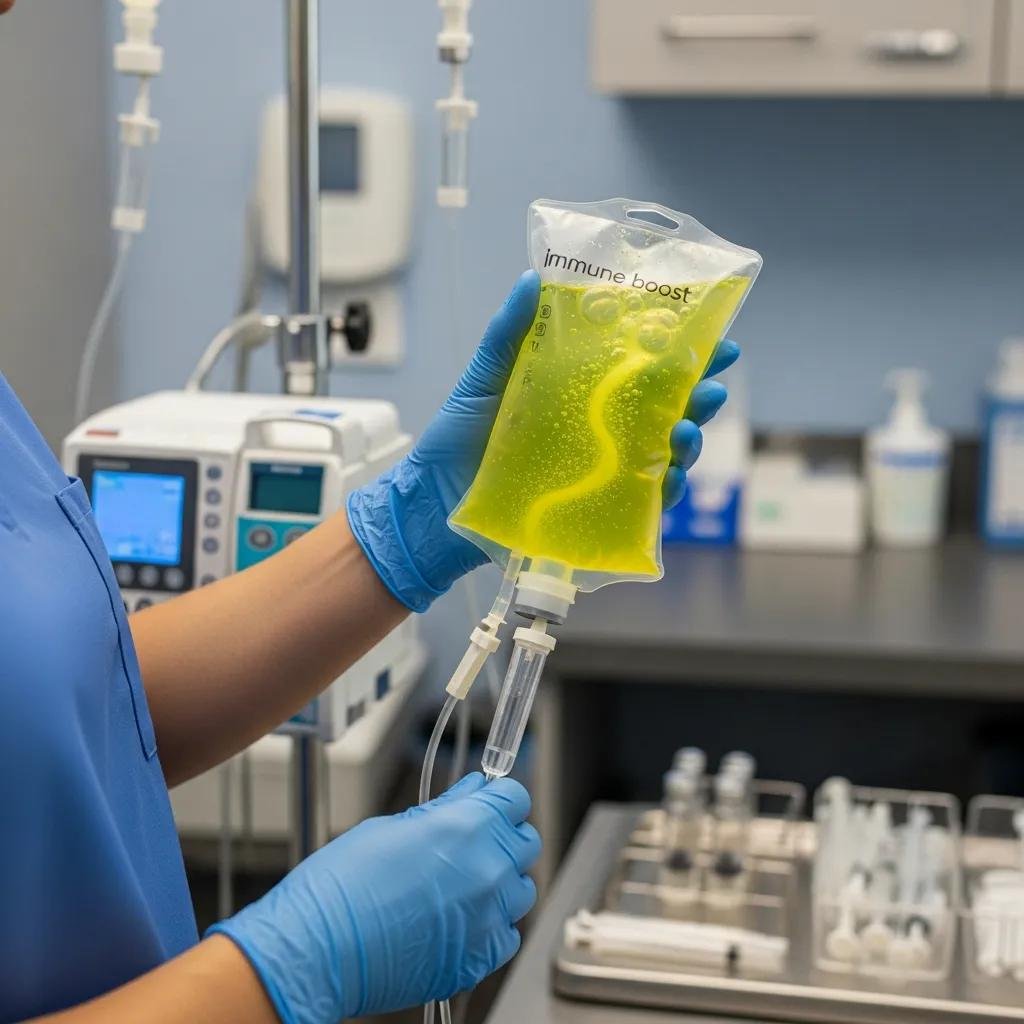 Healthcare professional preparing an Immune Boost IV drip in a clinical setting