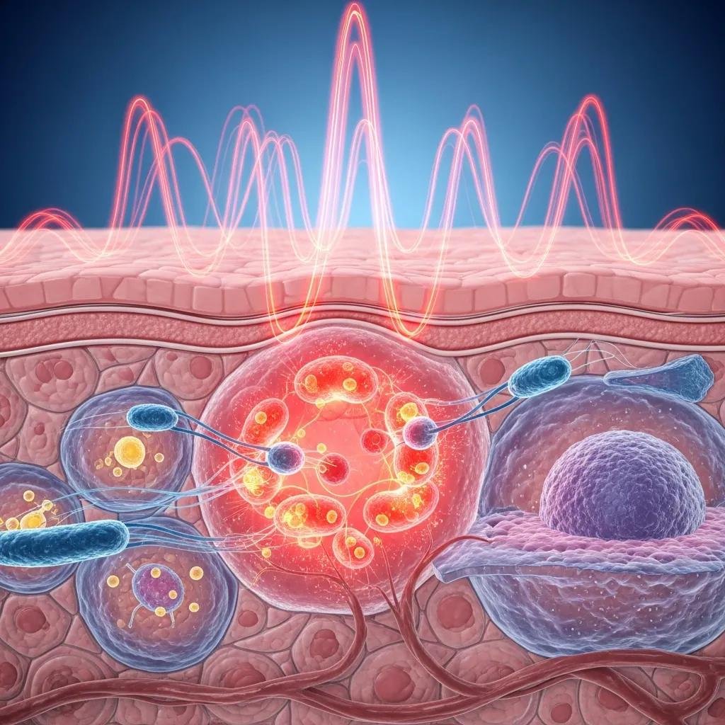Illustration of photobiomodulation process showing light interaction with skin cells for healing