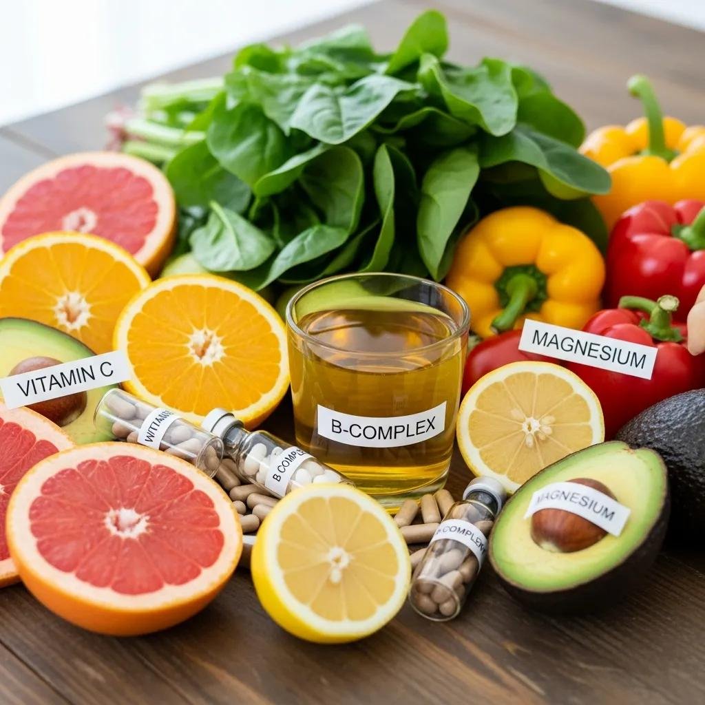 Ingredients for Myers' Cocktail IV drip including fruits and vitamins arranged aesthetically