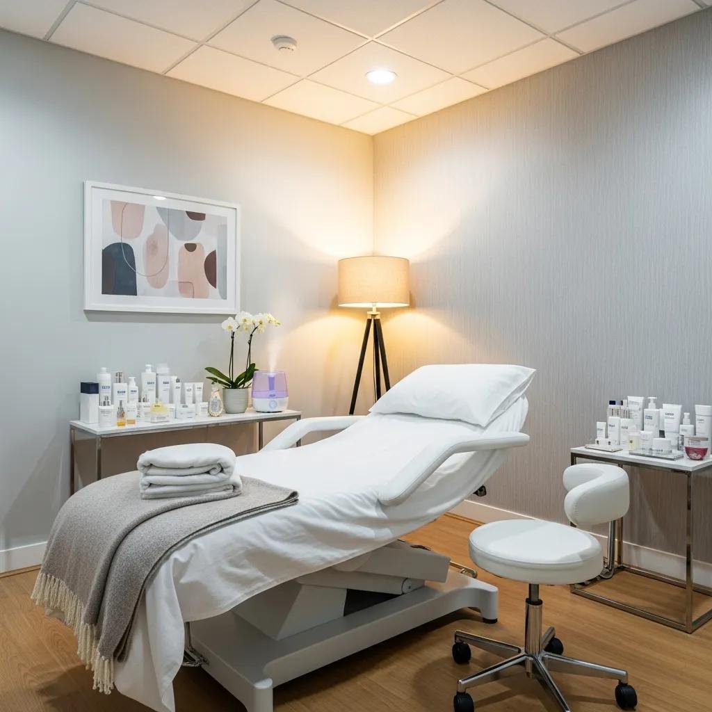 Inviting med spa treatment room with aesthetic decor and skincare products