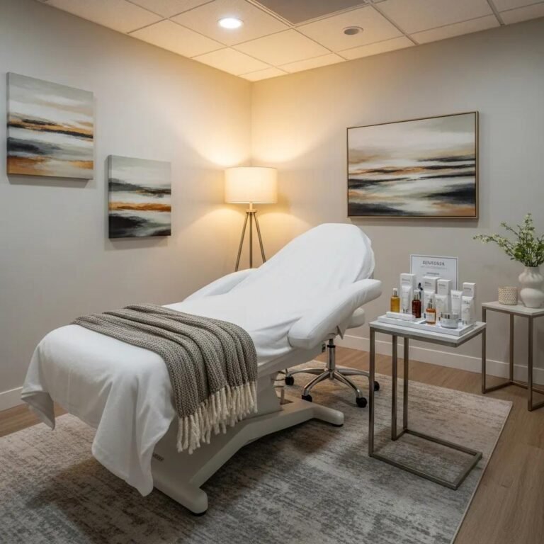 Inviting med spa treatment room with calming decor and skincare products