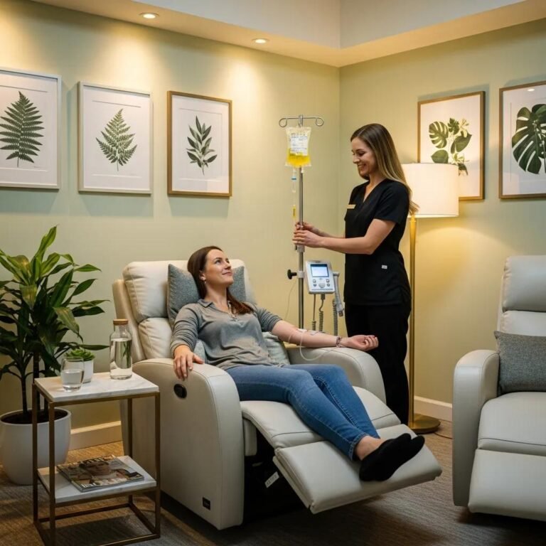 IV vitamin therapy setup with a patient receiving treatment in a calming spa environment