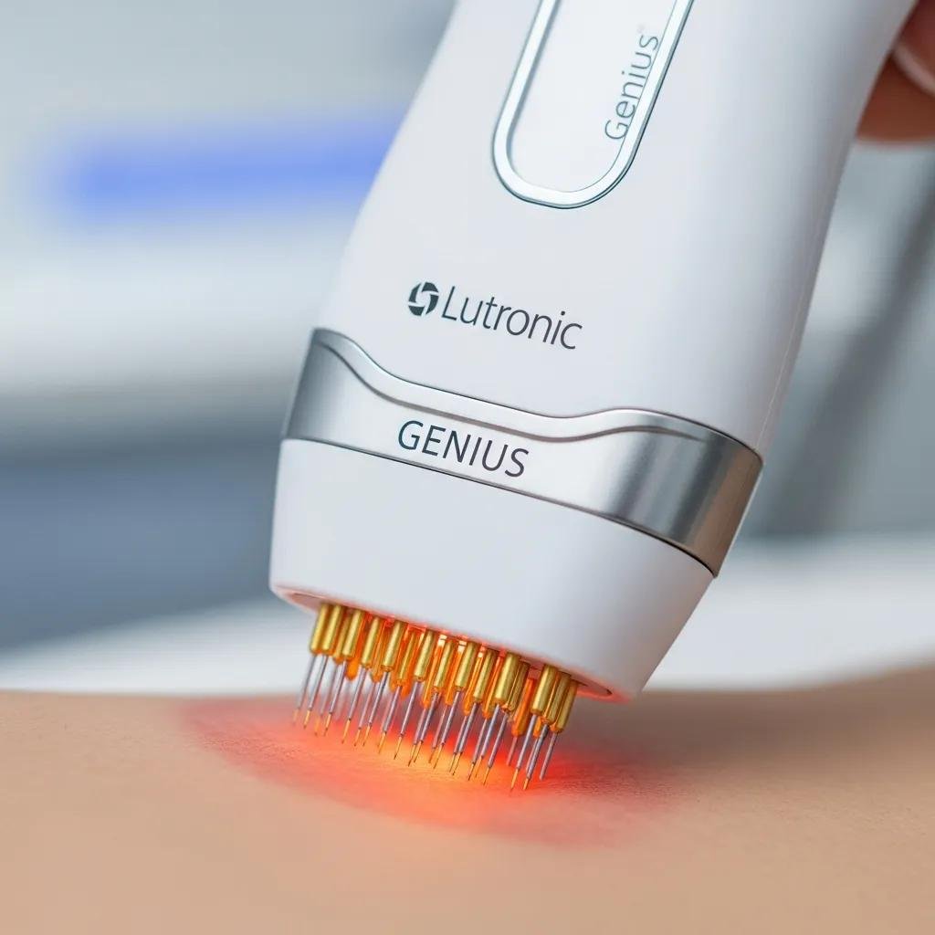 Lutronic Genius RF microneedling device showcasing microneedles in a clinical setting