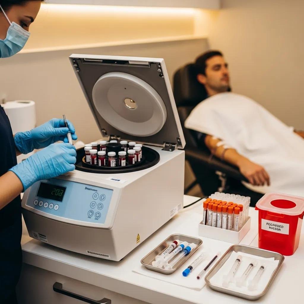 Medical professional preparing for PRP hair restoration procedure with centrifuge