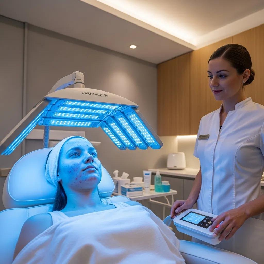 Patient receiving blue light therapy for acne treatment in a modern clinical setting