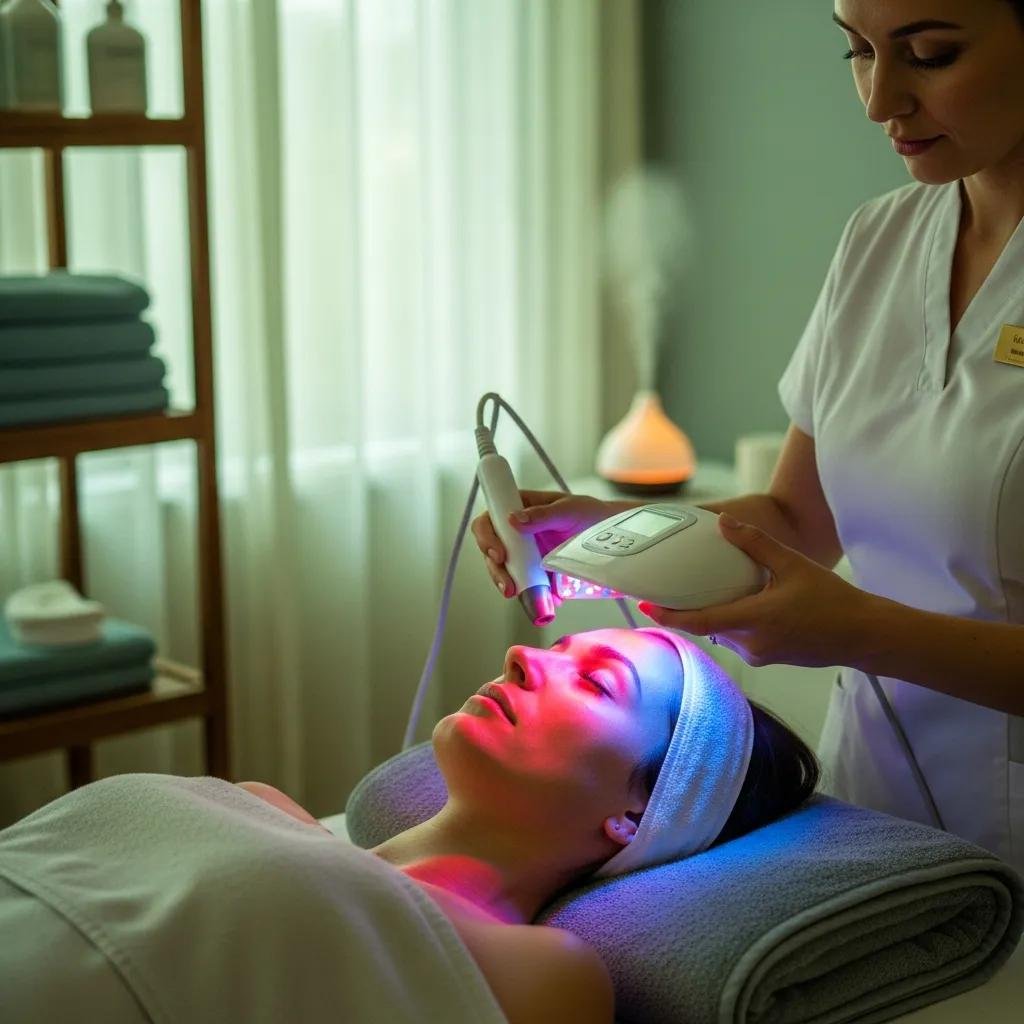 Patient receiving LED light therapy for acne and anti-aging in a calming spa environment