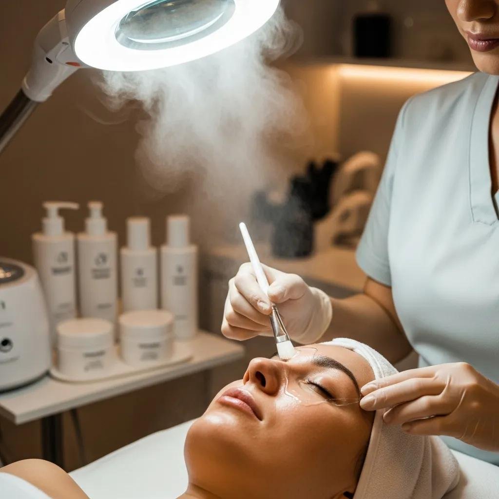 Skincare professional applying a hydrating serum during a facial treatment in a medspa