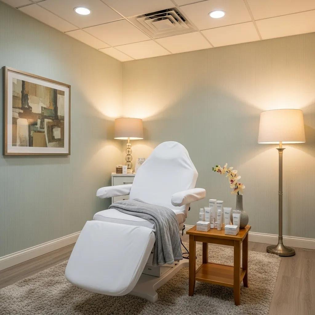 Welcoming med spa environment with modern treatment room and skincare products