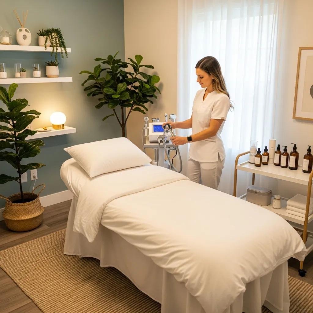 Welcoming med spa treatment room with calming decor and professional aesthetician