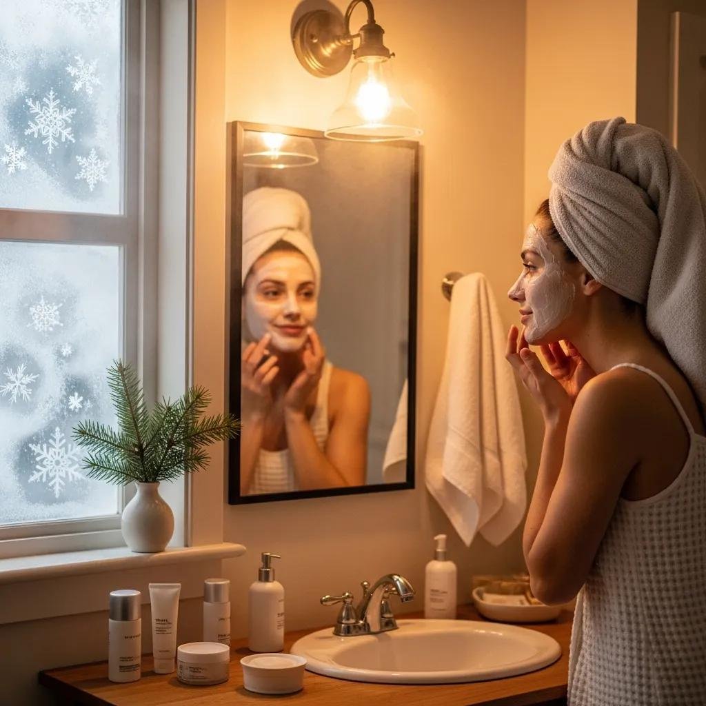 Woman applying a hydrating facial mask in a cozy winter bathroom setting