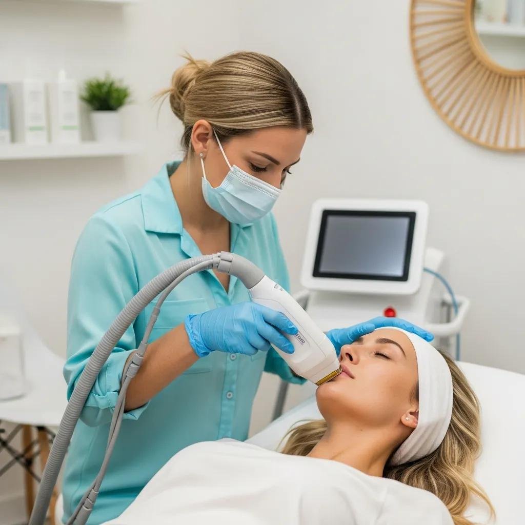 Woman receiving laser hair removal treatment in a bright clinic, emphasizing summer skin benefits