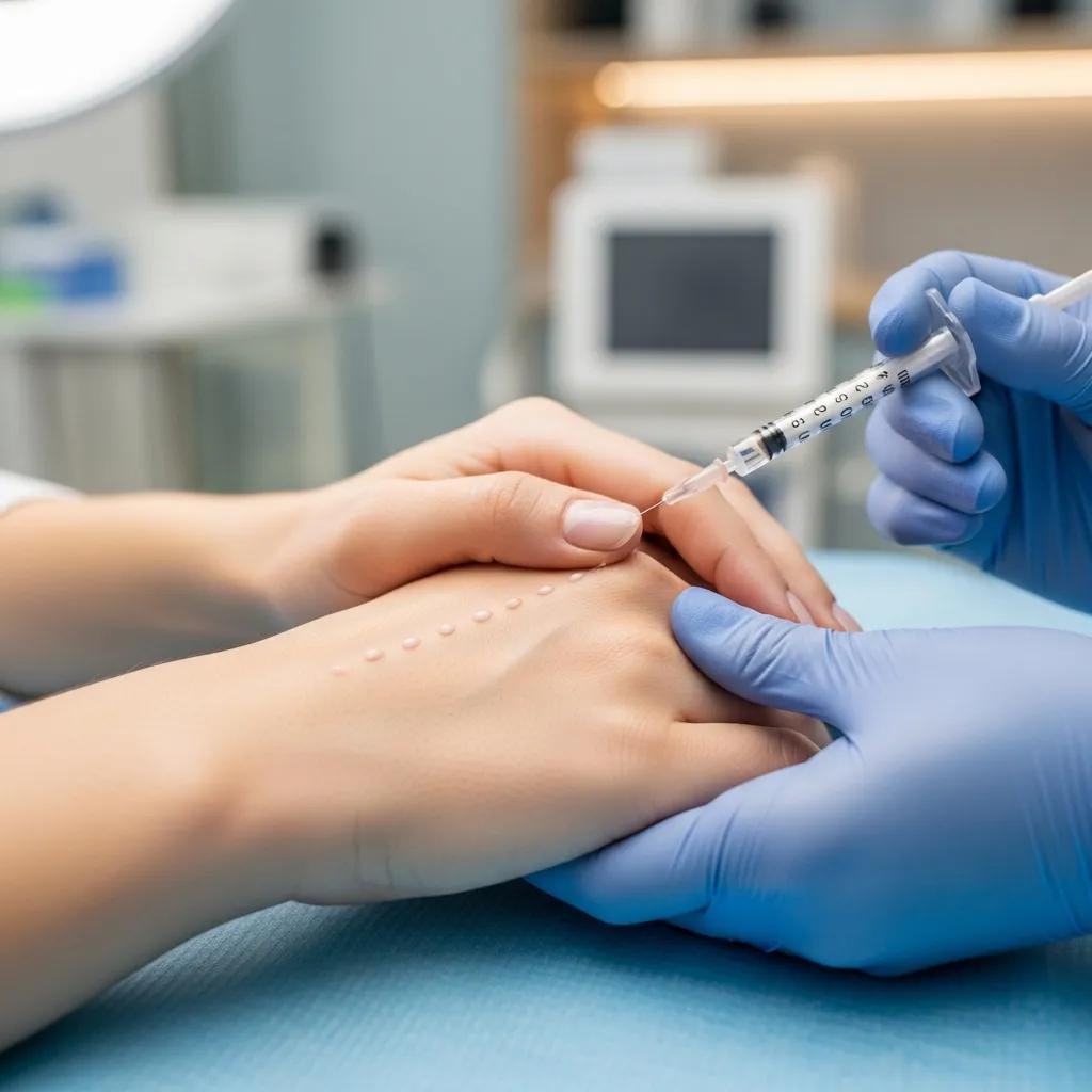Youthful hands undergoing dermal filler treatment in a modern clinic