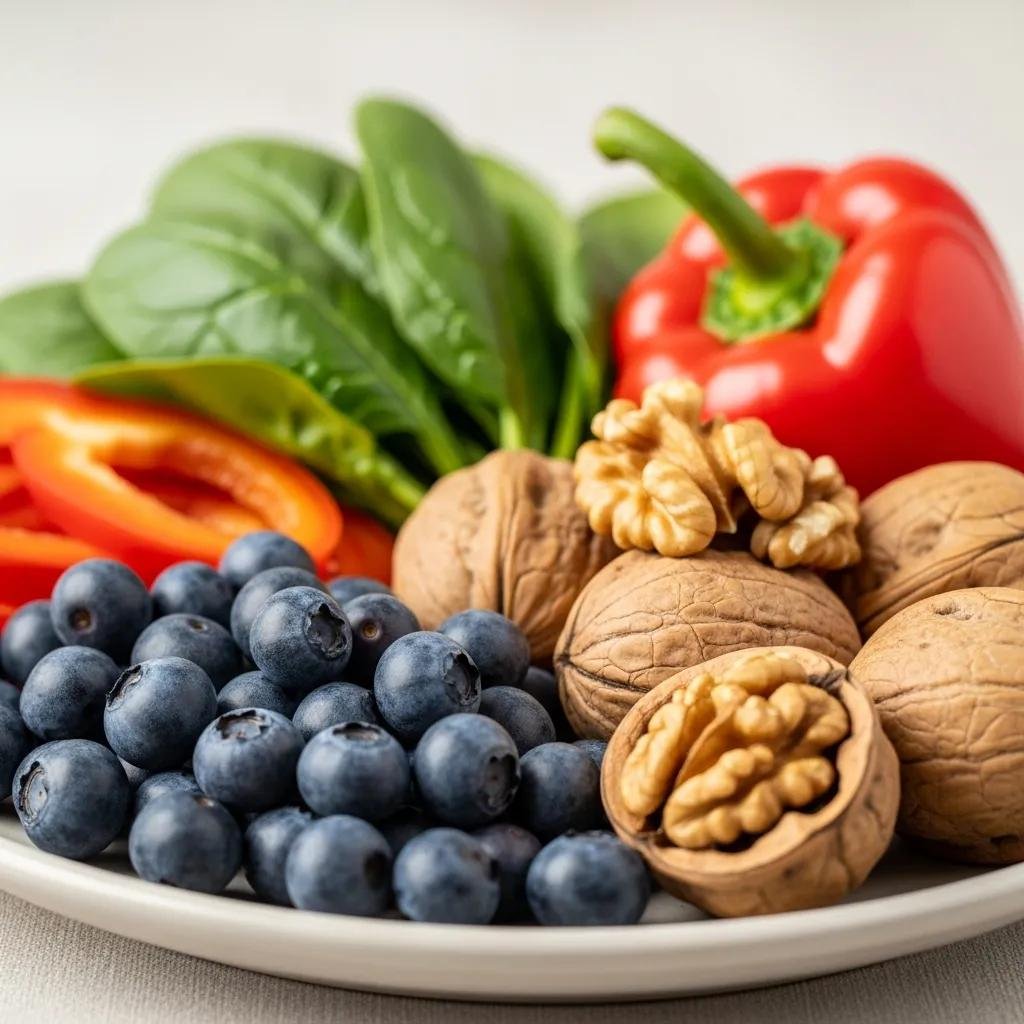 A beautifully arranged plate of top antioxidant-rich foods including blueberries, spinach, walnuts, and red bell peppers, promoting skin health