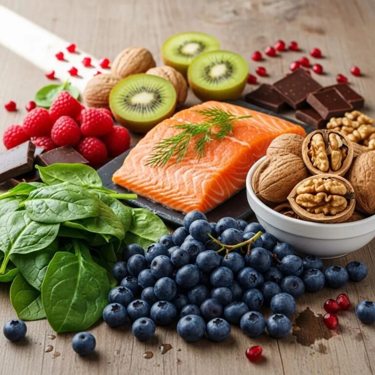 A colorful assortment of antioxidant-rich foods including blueberries, spinach, walnuts, and salmon, emphasizing healthy eating for skin health