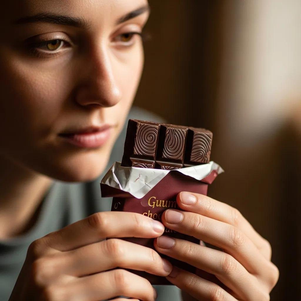 A person holding a chocolate bar, reflecting on emotional eating signs and cravings