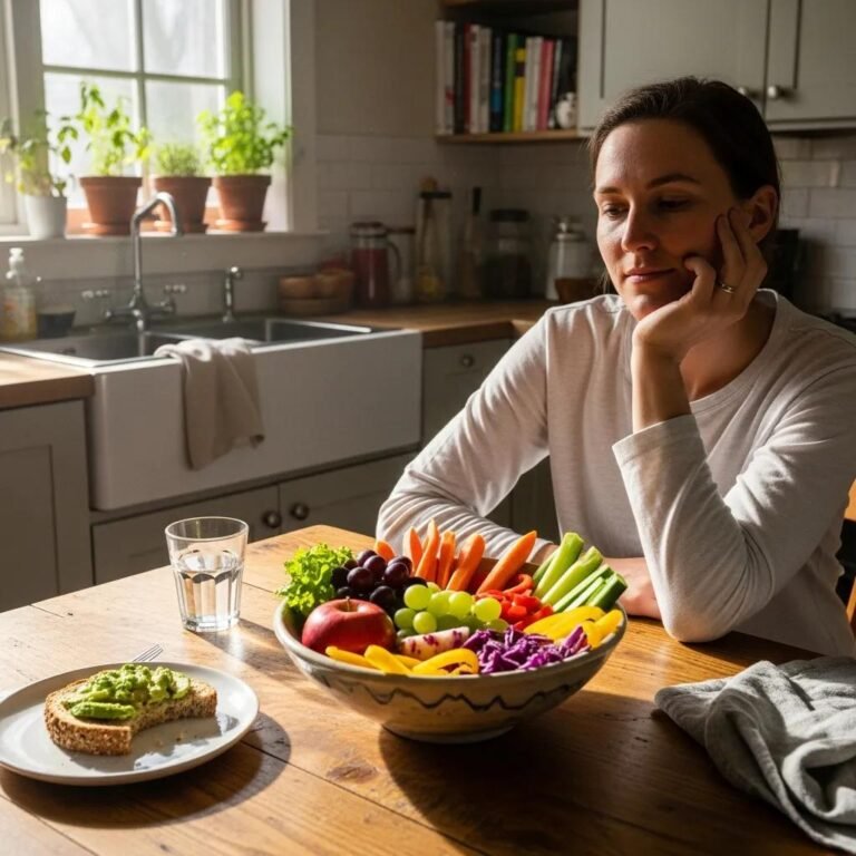 A person in a cozy kitchen contemplating healthy food choices, representing emotional eating and wellness