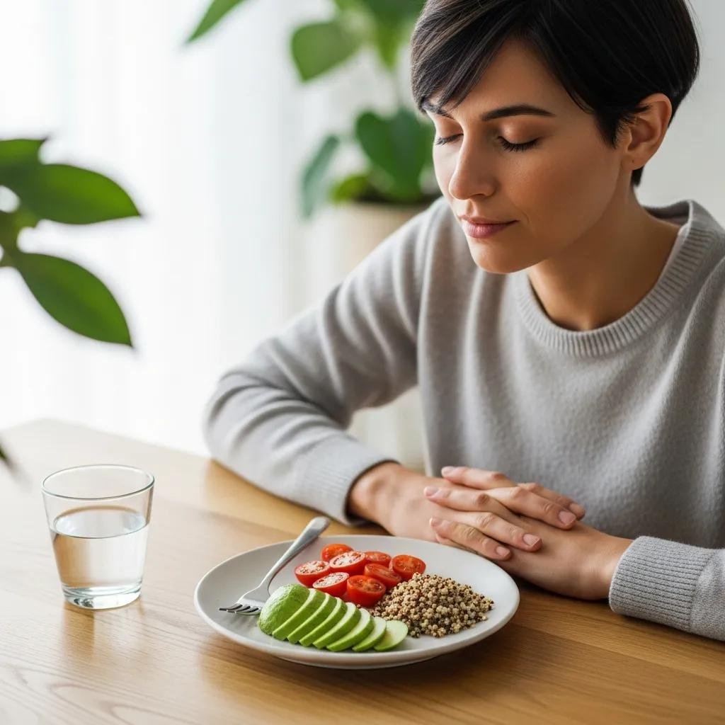 A person practicing mindful eating, reflecting on their food choices in a calm environment