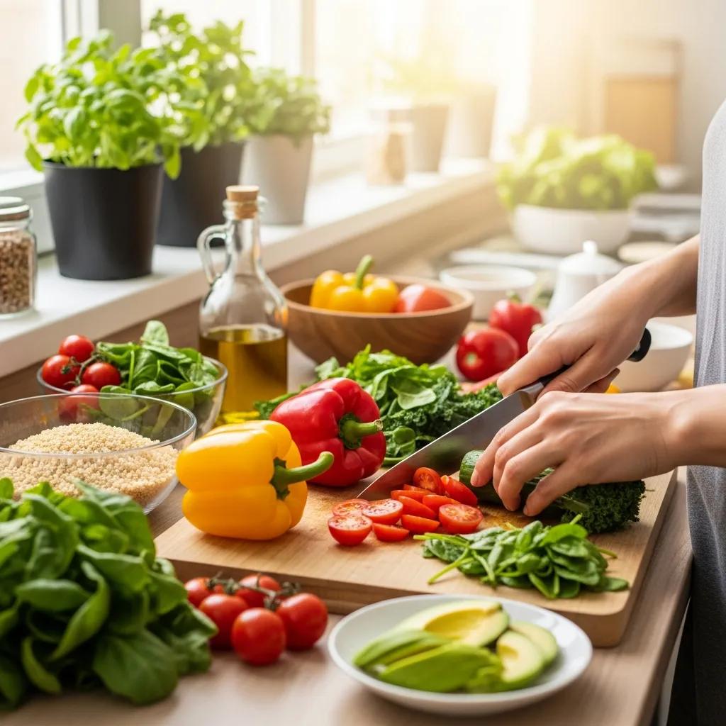 A person preparing a healthy meal with colorful vegetables and whole grains in a cozy kitchen, illustrating anti-inflammatory dietary patterns for skin health