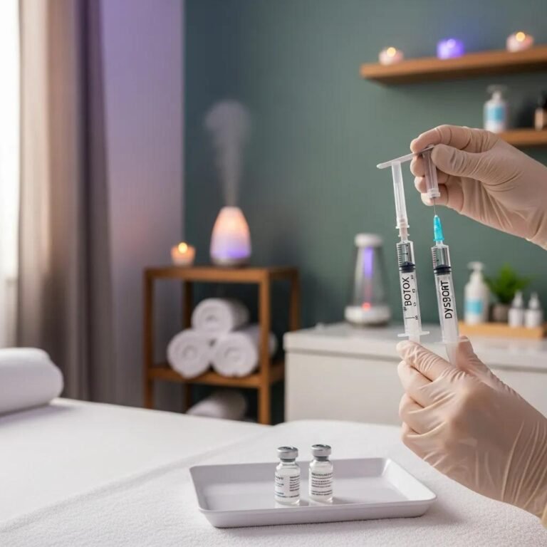 Aesthetic treatment environment featuring Botox and Dysport syringes in a serene spa setting