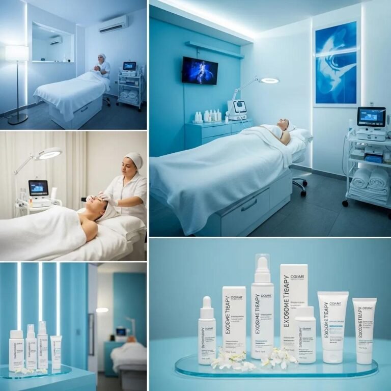 Aesthetic treatment room featuring exosome therapy products and a patient receiving a facial treatment