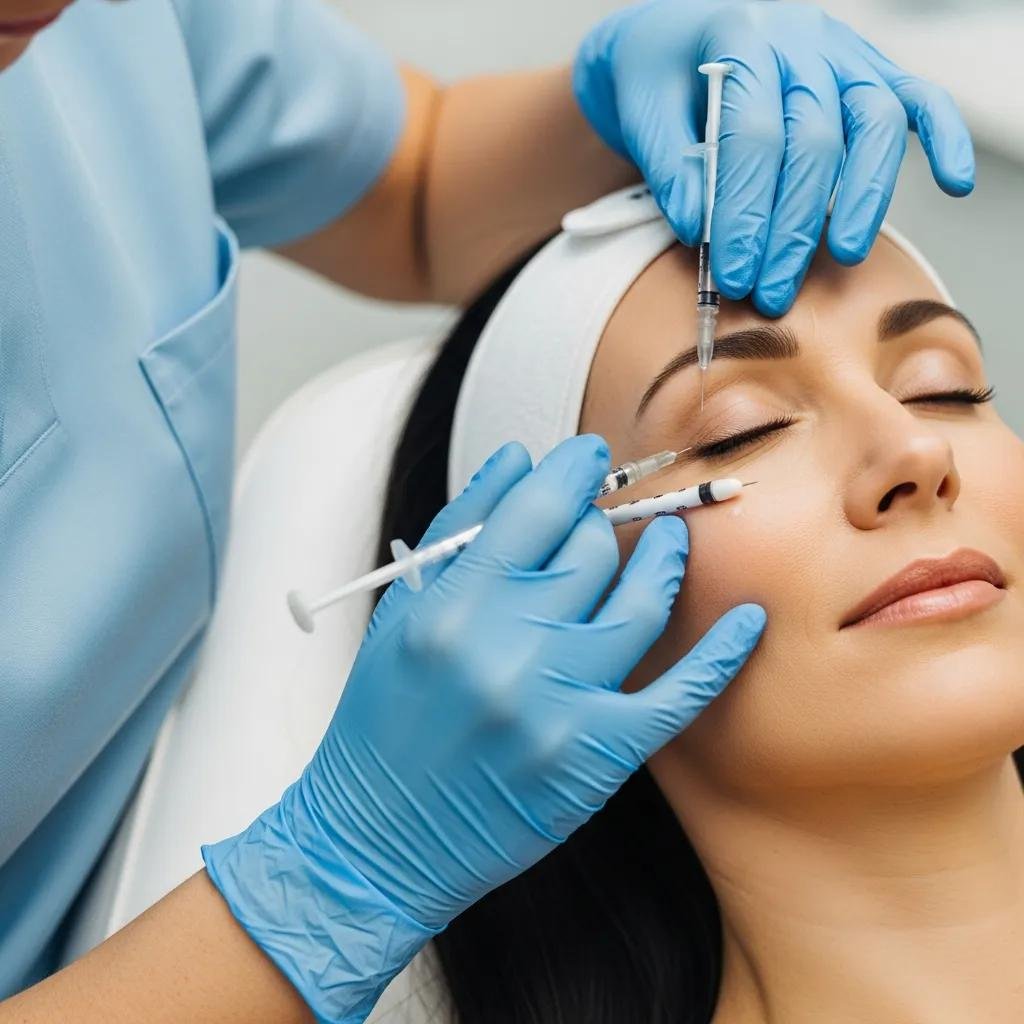 Aesthetician administering Botox and dermal fillers in a clinical setting