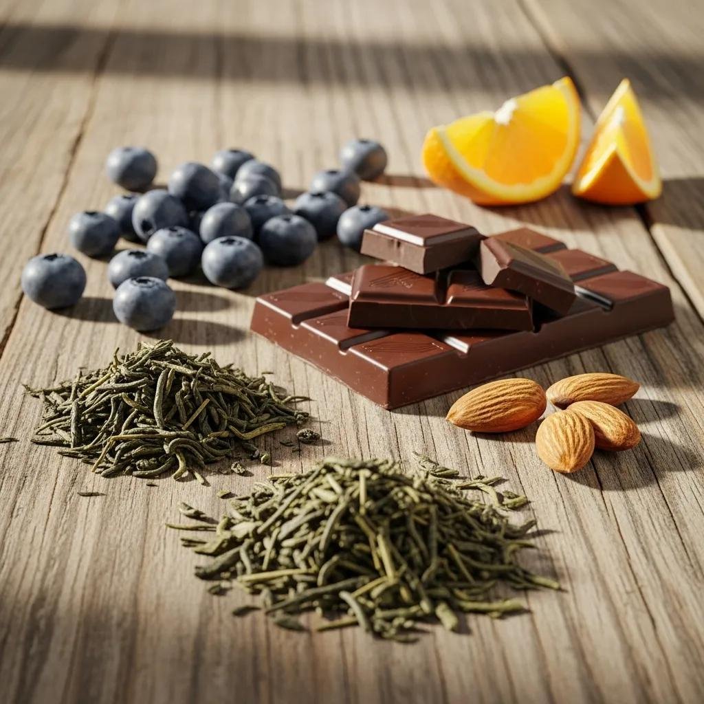 Antioxidant-rich superfoods including blueberries, dark chocolate, and green tea