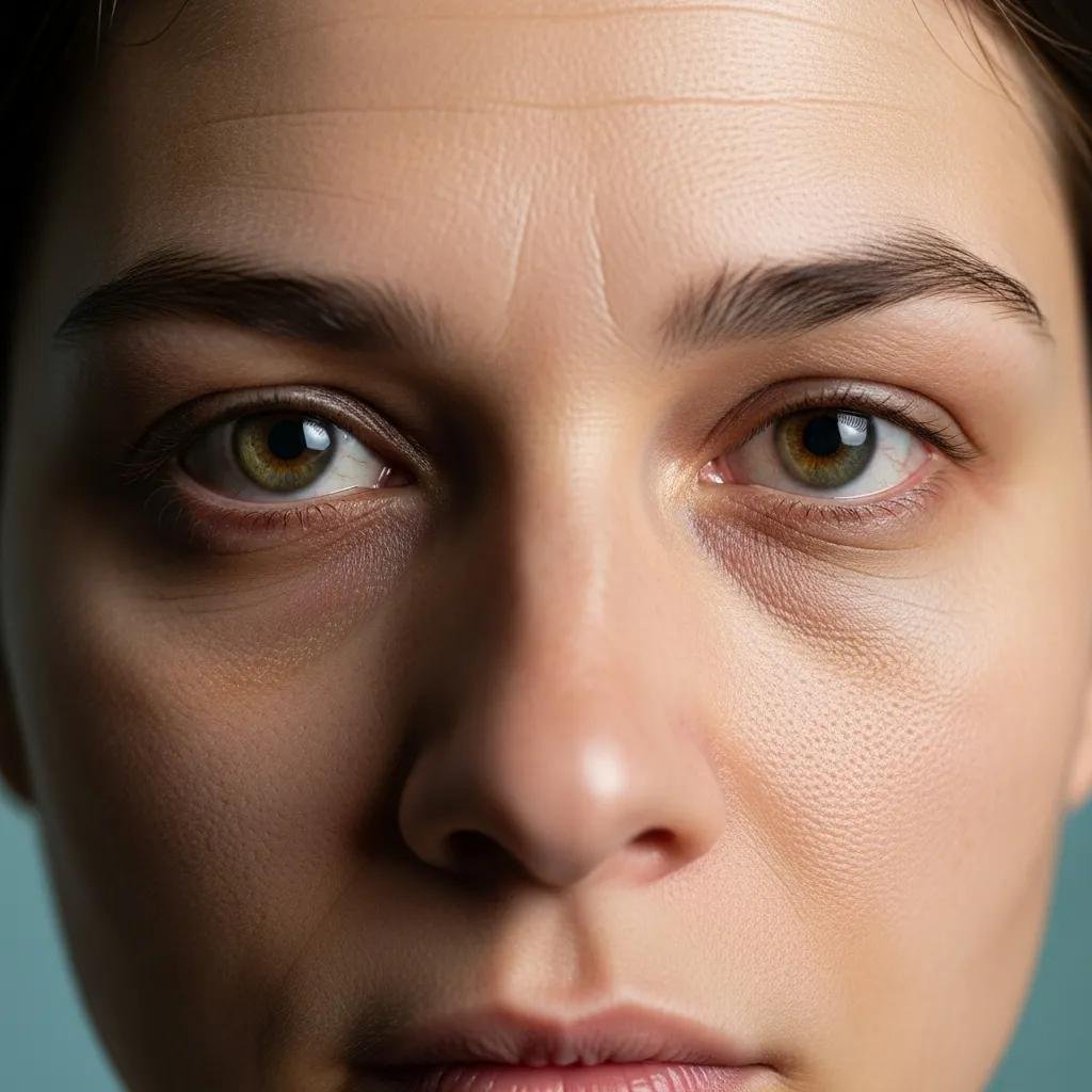 Close-up of a face showing visible effects of sleep deprivation on skin appearance