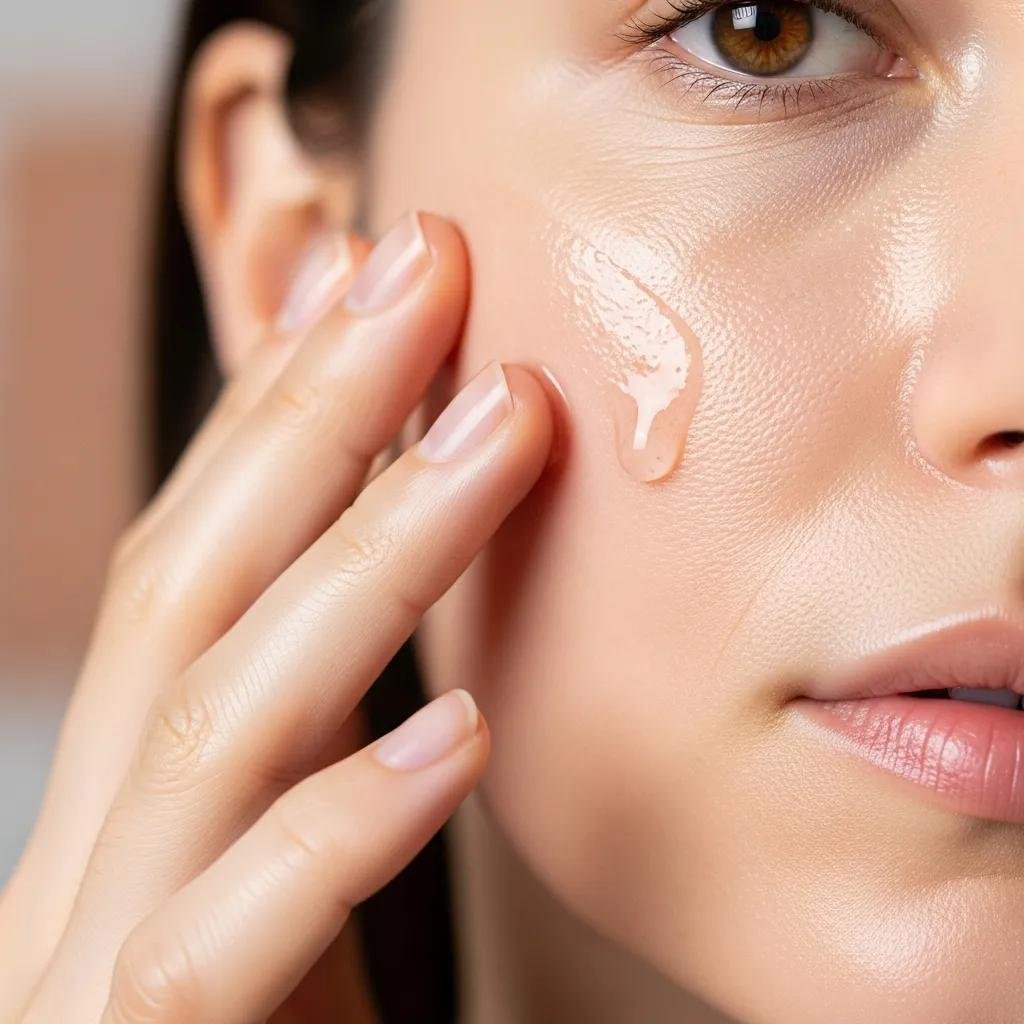 Close-up of a hand applying retinol serum to the face, showcasing skin texture and glow