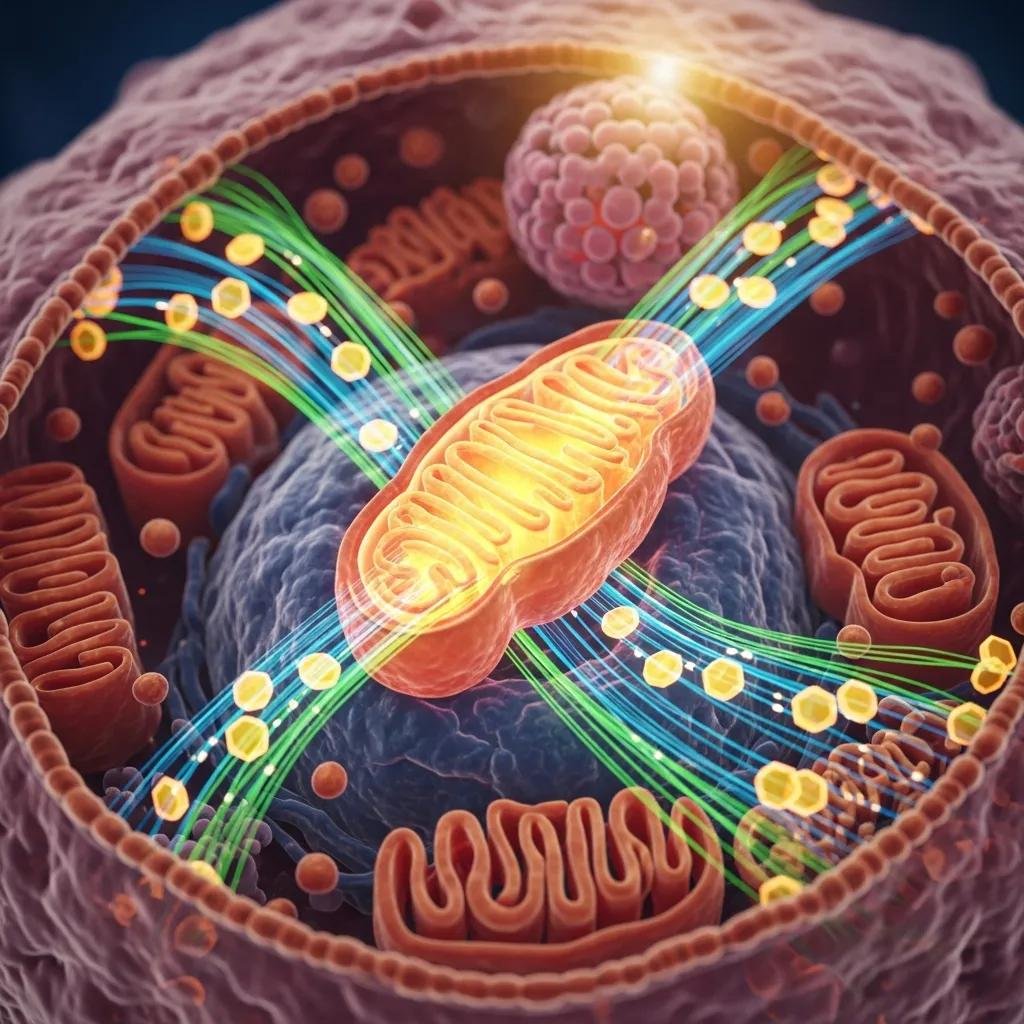 Close-up of a human cell highlighting mitochondria and ATP generation processes related to NAD+ therapy