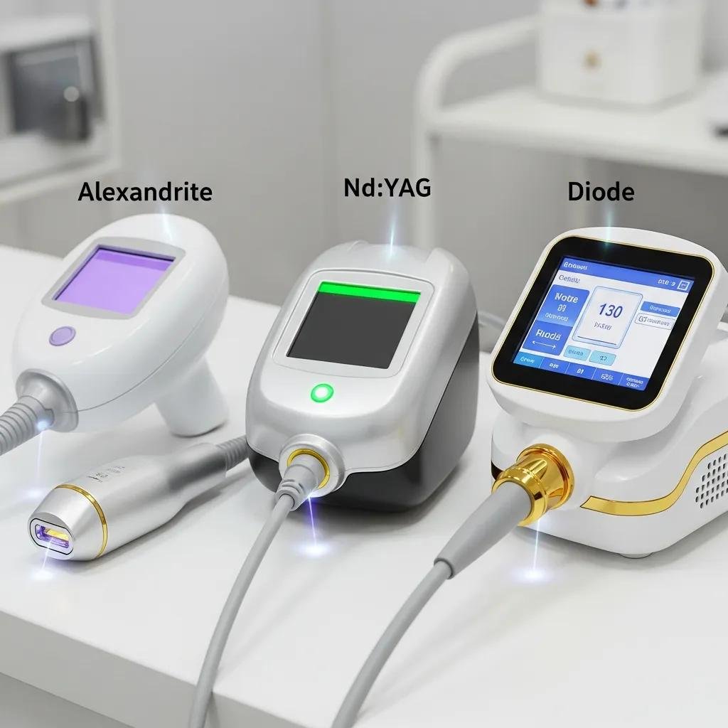 Close-up of advanced laser devices for hair removal, showcasing Alexandrite, Nd:YAG, and Diode technologies