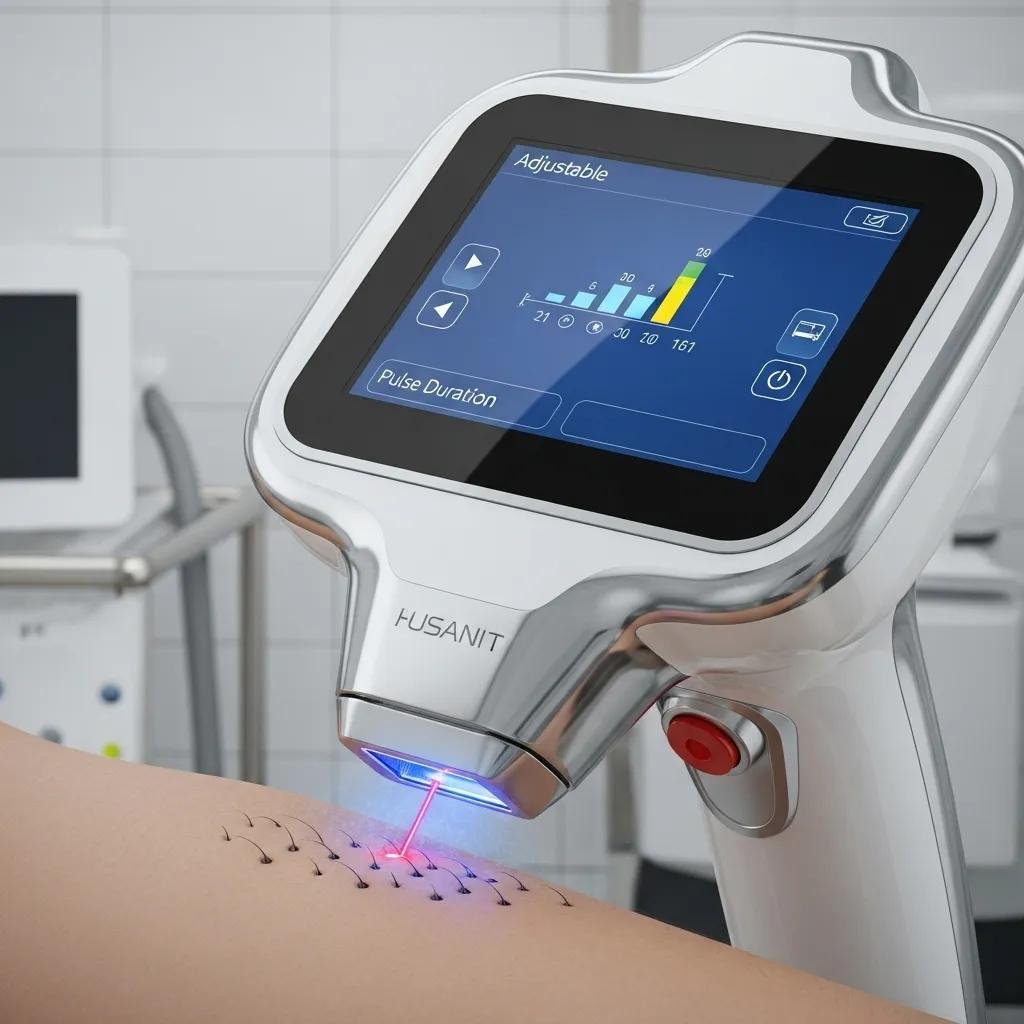 Close-up of an advanced laser hair removal device showcasing its features and precision in a clinical setting