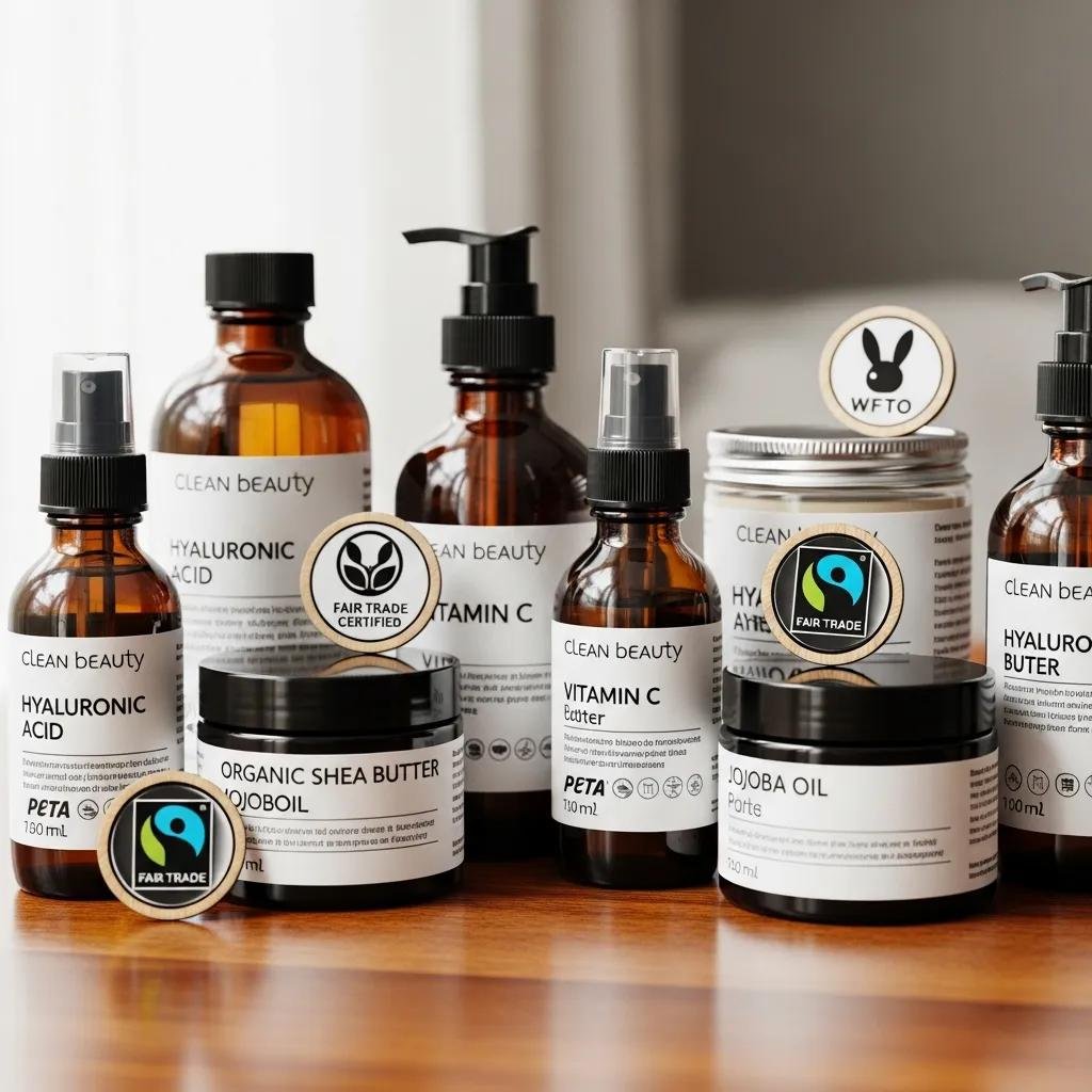 Close-up of clean beauty products with clear labels and ethical certifications, emphasizing transparency and responsible sourcing