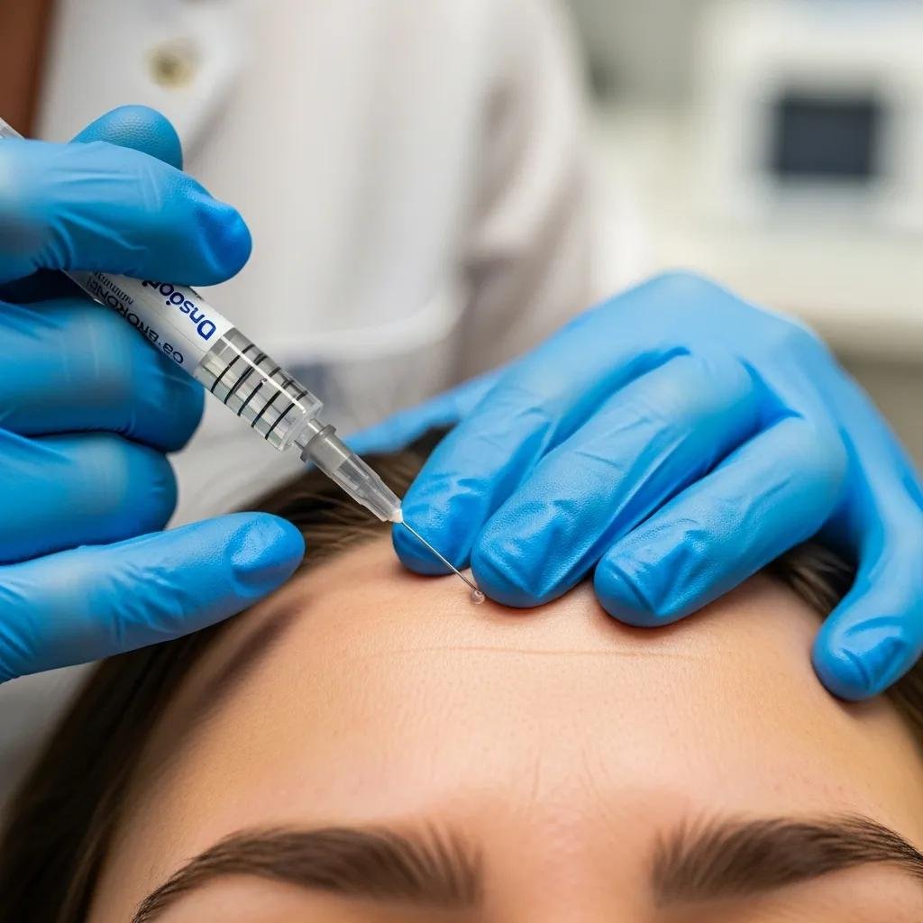 Close-up of Dysport injection targeting dynamic wrinkles on a patient's forehead