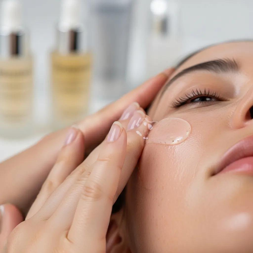 Close-up of hands applying serum to the face, highlighting skincare application for hydration and collagen