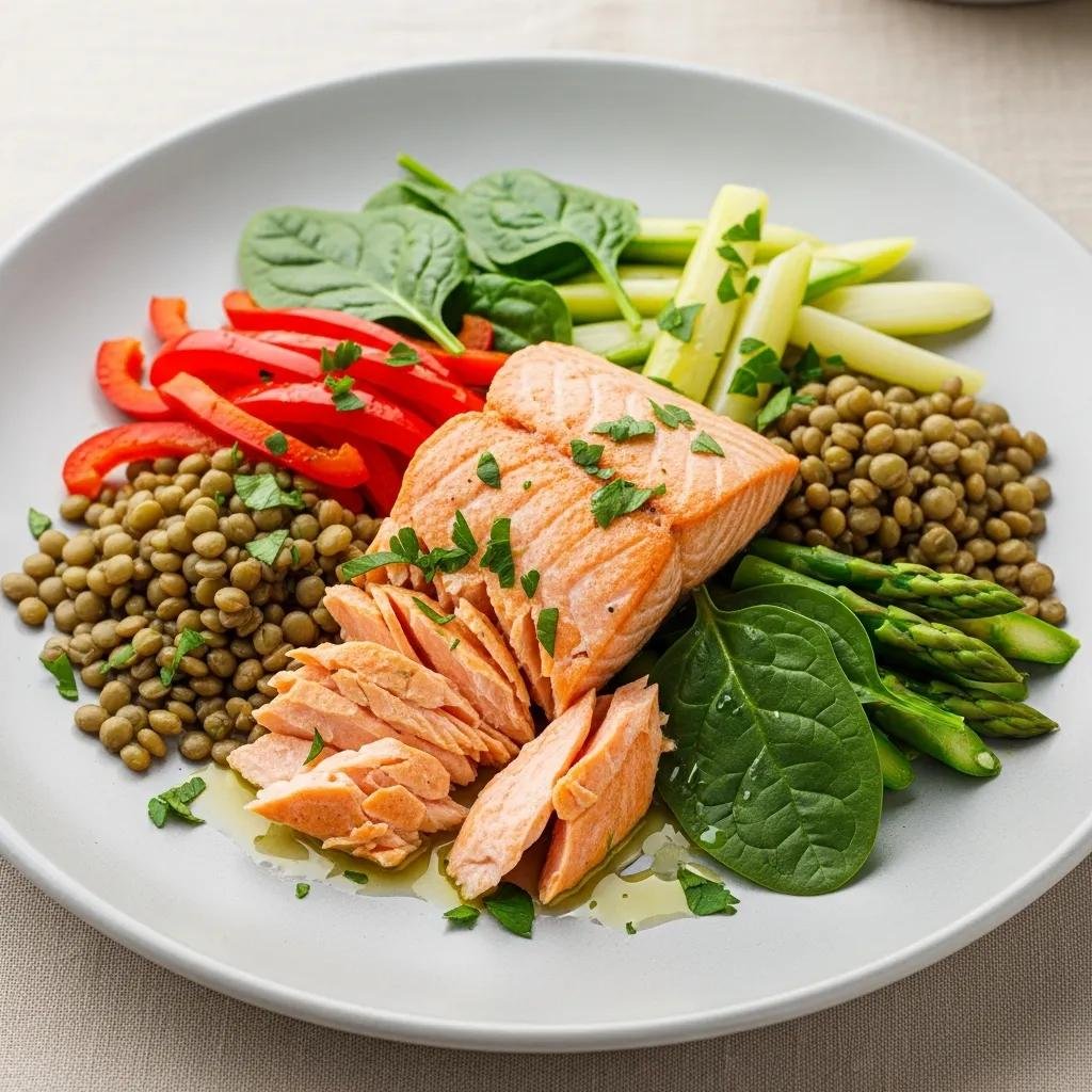 Collagen-boosting foods including red bell peppers, salmon, and lentils