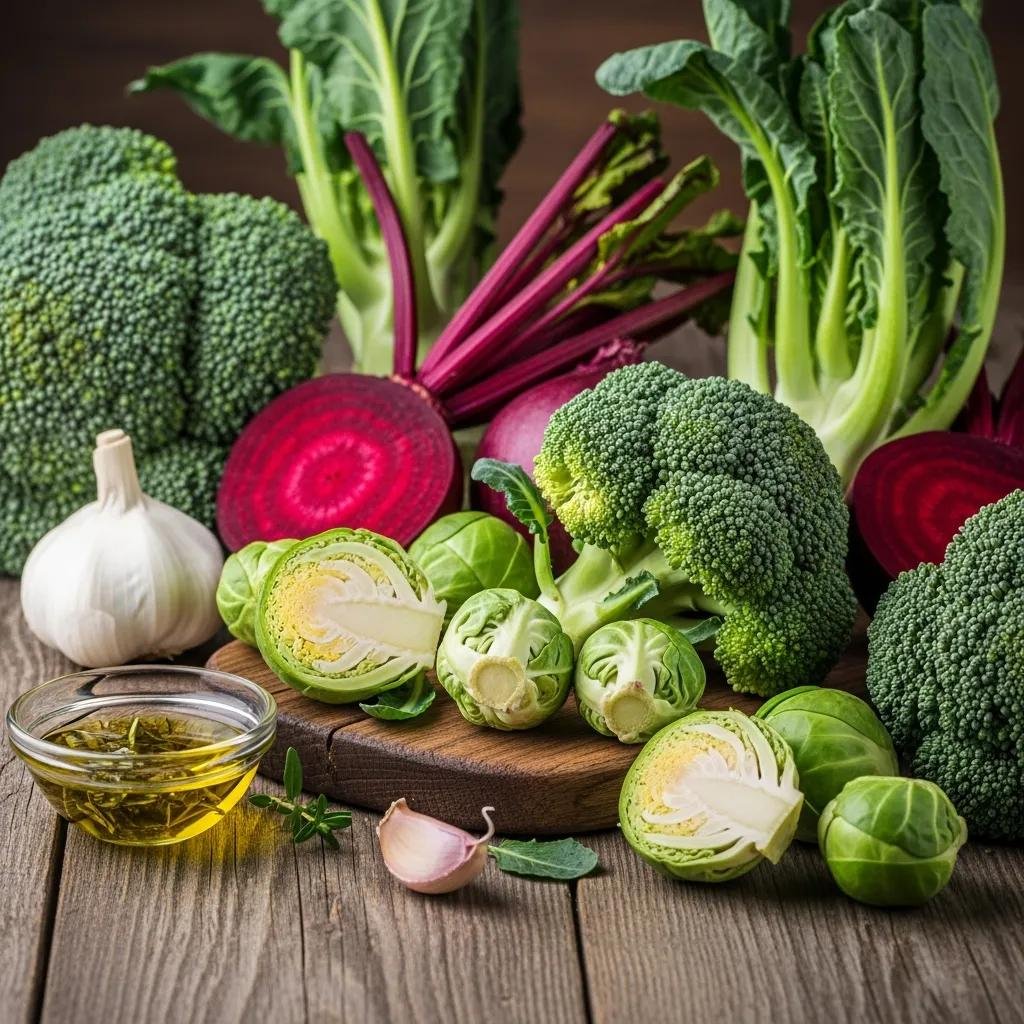 Colorful detoxifying foods including cruciferous vegetables and beets, promoting liver and gut health