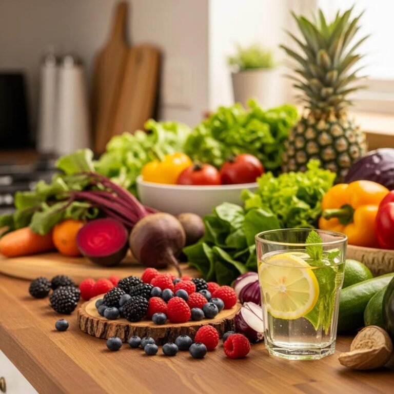 Colorful fruits and vegetables in a kitchen representing natural body detox and holistic wellness