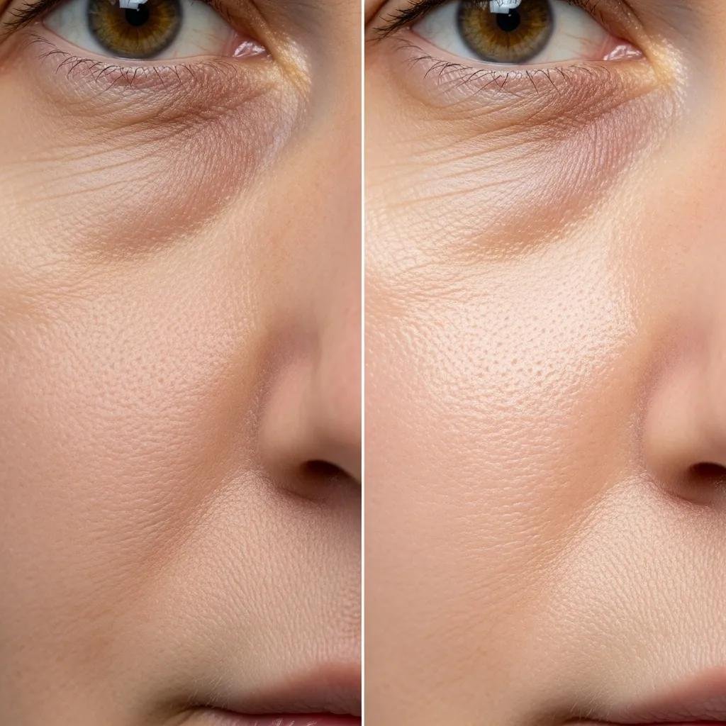 Comparison of skin before and after hyaluronic acid application, illustrating hydration and anti-aging effects