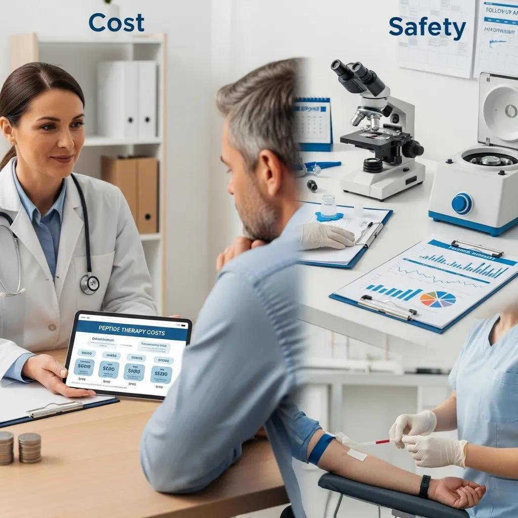 Consultation scene discussing peptide therapy costs and safety measures