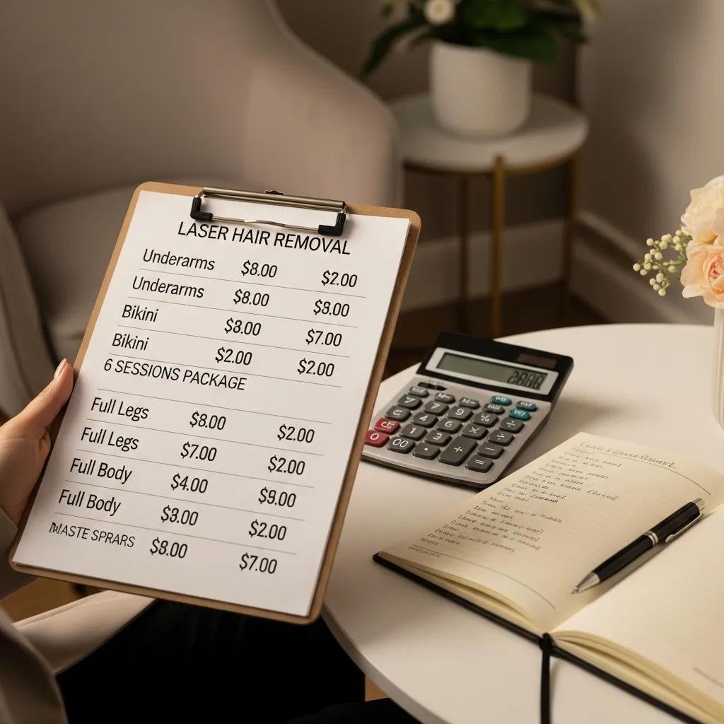 Consultation setting with price list and calculator for laser hair removal services, emphasizing transparency