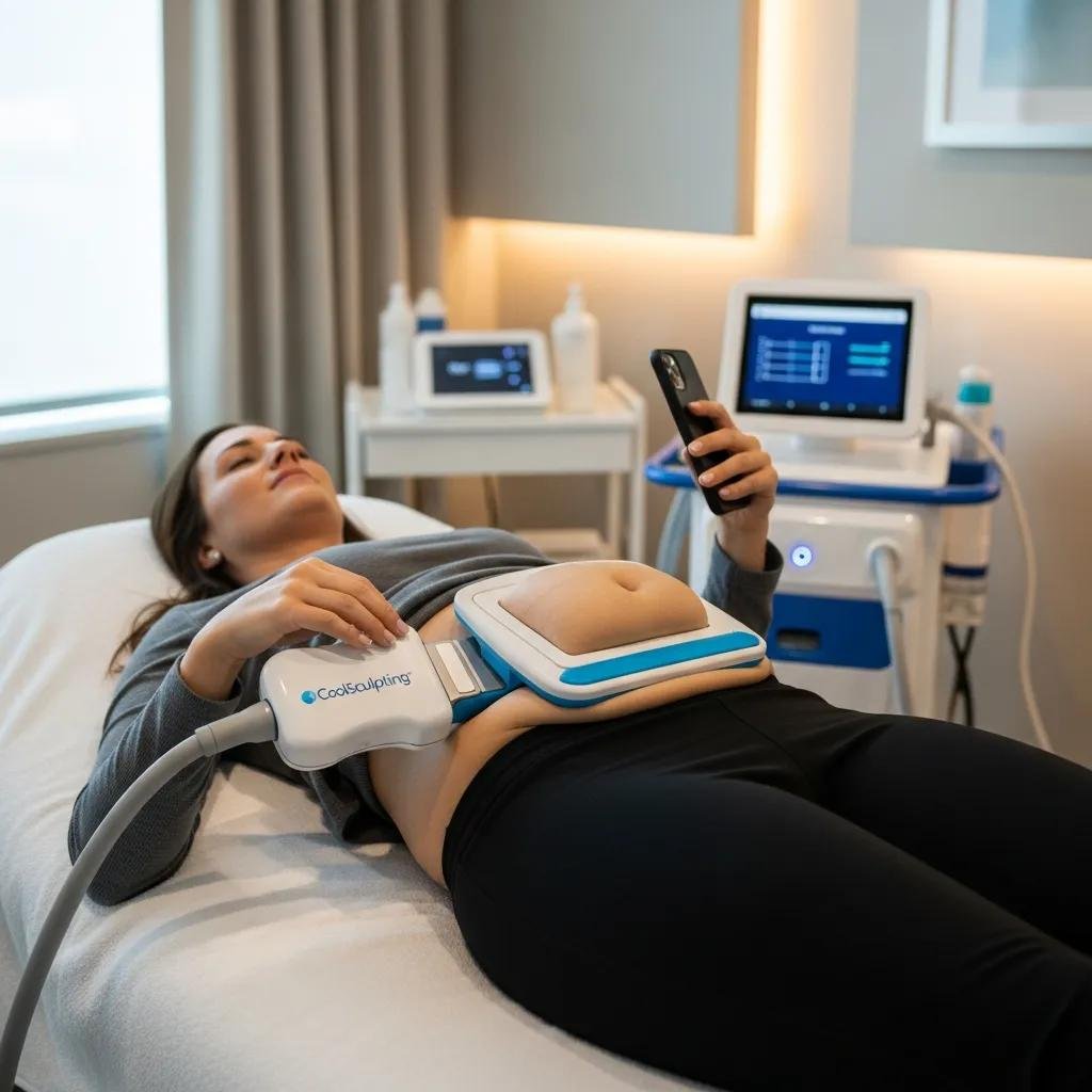 CoolSculpting suction applicator being used on a patient for targeted fat reduction treatment