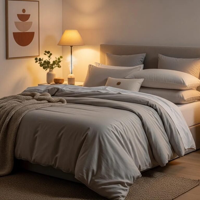 Cozy bedroom setup promoting restorative sleep with soft bedding and calming decor