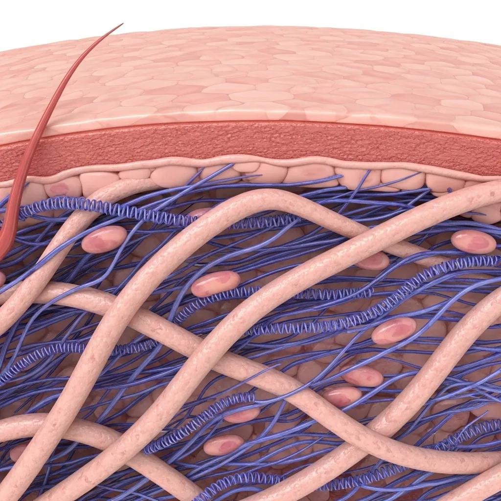 Cross-section of skin showing collagen and elastin fibers essential for skin tightness