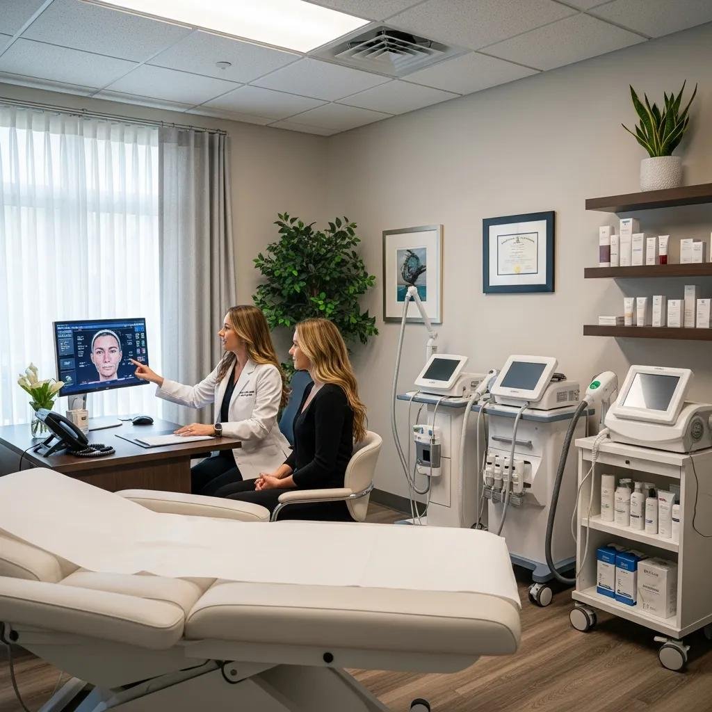 Dermatologist consulting a patient in a MedSpa for professional skin rejuvenation treatments